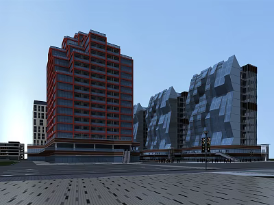 Modern High Rise Office Buildings With Red Exterior And Geometric Facade Design 3d model