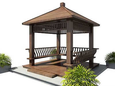 Wooden Gazebo With Brown Roof Railings Wooden Bench And Surrounding Plants In Garden 3d model