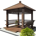 Wooden Gazebo With Brown Roof Railings Wooden Bench And Surrounding Plants In Garden