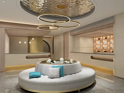 Elegant Beauty Hair Salon Interior With Circular Sofa And Metallic Ceiling Decor 3d model