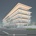 Modern Multi Story Office Building With Large Glass Windows Evening Street Pedestrians And Trees