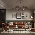 Modern Living Room Interior With Brown Sofa Wall Art Chandelier And Patterned Rug