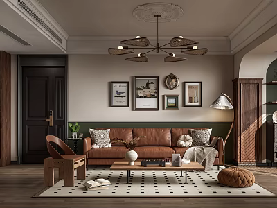 Modern Living Room Interior With Brown Sofa Wall Art Chandelier And Patterned Rug 3d model
