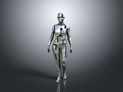 Silver Humanoid Robot Figure With Geometric Segments Gray Background And Reflective Floor 3d model