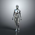 Silver Humanoid Robot Figure With Geometric Segments Gray Background And Reflective Floor