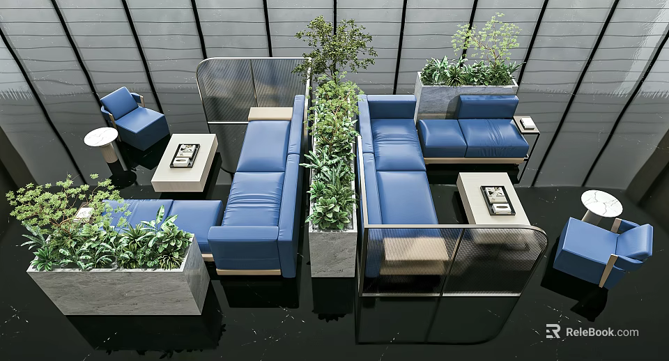 Modern Blue Sofa Coffee Table Set With Green Plants Interior Design 3d model 