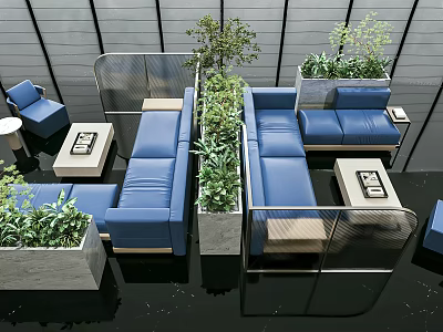 Modern Blue Sofa Coffee Table Set With Green Plants Interior Design 3d model