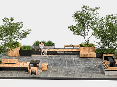 Garden Accents Setup With Wooden Benches Green Plants And Trees On Outdoor Terrace 3d model