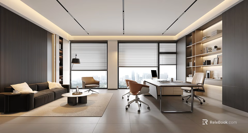 Modern Open Office Interior With Large Windows Roller Blinds Sofa Desk And Bookshelves 3d model