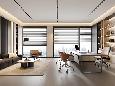 Modern Open Office Interior With Large Windows Roller Blinds Sofa Desk And Bookshelves 3d model