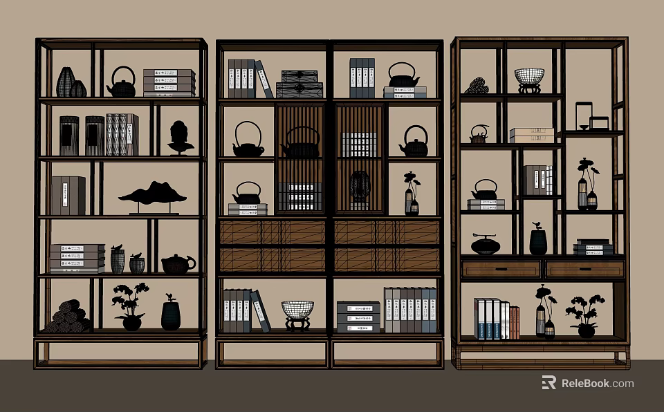 Wooden Bogu Shelf With Open Grid Design Displaying Books Tea Sets And Decorative Plants 3d model 