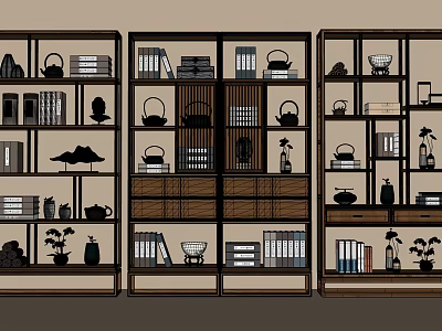 Wooden Bogu Shelf With Open Grid Design Displaying Books Tea Sets And Decorative Plants 3d model