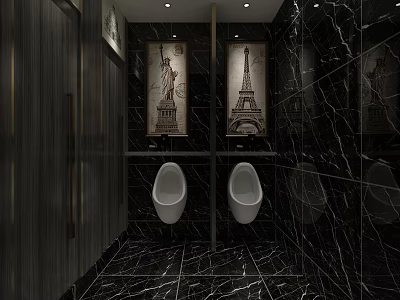 Modern Luxury Black Marble Public Toilet With Exquisite Wall Art Paintings And Wall Mounted Urinals 3d model