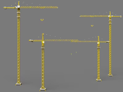 Yellow Tower Cranes Construction Machinery 3D Rendered Display In Multiple Positions 3d model