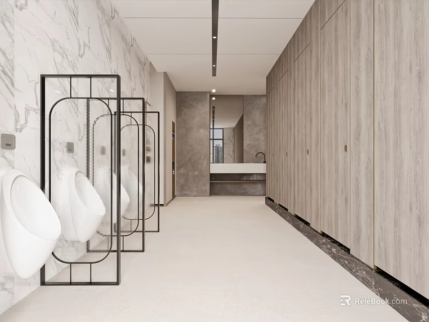 Modern Public Restroom With Marble Walls Wooden Partitions And Urinals 3d model 