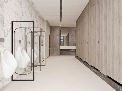 Modern Public Restroom With Marble Walls Wooden Partitions And Urinals 3d model