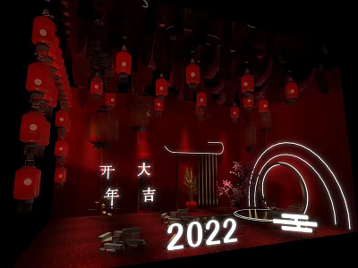 Chinese New Year Celebration Scene With Red Lanterns Neon Arches And 2022 Numbers 3d model