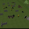 Outdoor Obstacle Training Field With Green Grass Stone Obstacles Yellow Barrels Black Tires And Trees