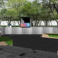 Modern Sales Office Building With Outdoor Seating Green Lawn And Trees