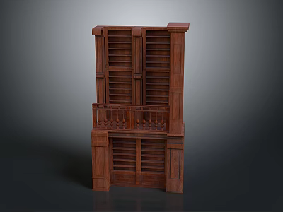 Wooden Storage Shelf Cabinet with Multiple Shelves Drawers and Decorative Rail Design 3d model