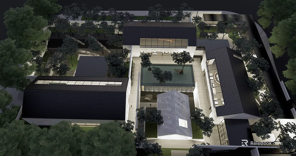 Modern Boutique Homestay Building With Courtyard Open Layout And Surrounding Trees 3d model 
