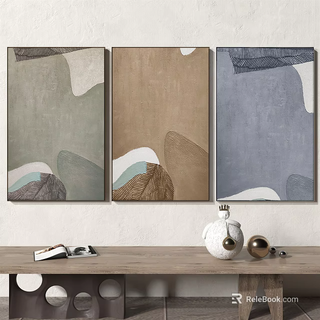 Three Abstract Paintings On Wall With Wooden Table And Decor Items 3d model 
