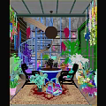 Lounge Room Interior with Spiral Staircase Green Walls Lush Plants and Wicker Furniture