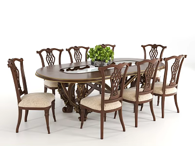 Oval Dark Wood Dining Table Set With Carved Chairs Light Padded Seats Green Plant Centerpiece 3d model