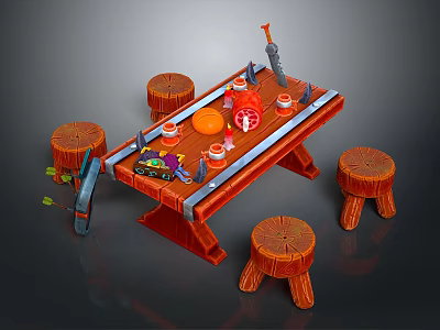 Wooden Craft Table With Stump Stools And Craft Tools For Kids Creative Activities 3d model
