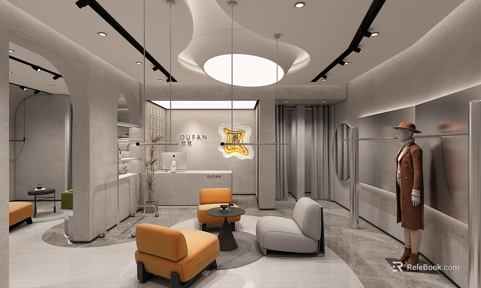 COTAN Clothing Store Modern Interior with Reception Area Orange Gray Sofas Mannequin and Hanging Lights 3d model 
