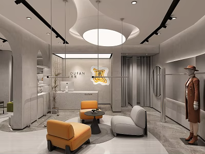 COTAN Clothing Store Modern Interior with Reception Area Orange Gray Sofas Mannequin and Hanging Lights 3d model