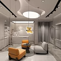 COTAN Clothing Store Modern Interior with Reception Area Orange Gray Sofas Mannequin and Hanging Lights