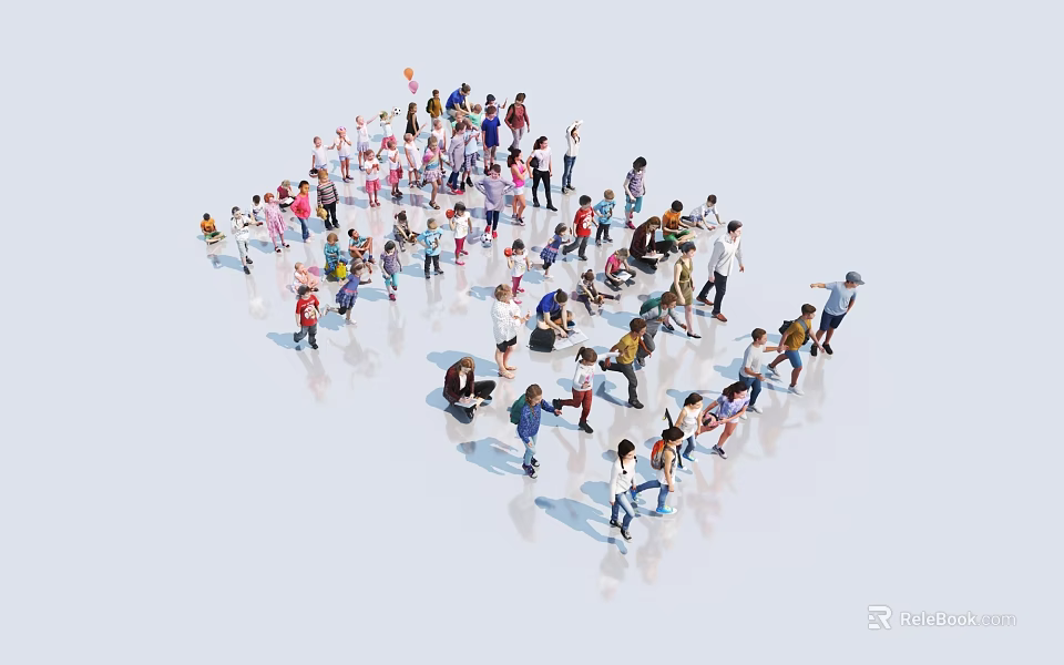 Crowd of People Standing and Sitting in Various Poses on White Background 3d model 