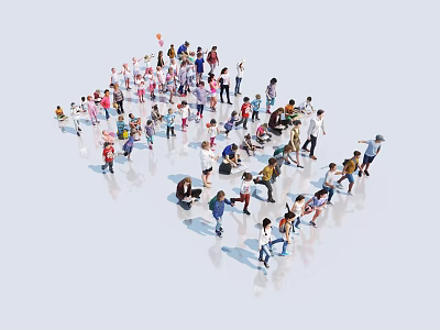 Crowd of People Standing and Sitting in Various Poses on White Background 3d model