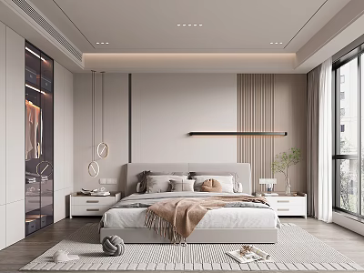 Modern Bedroom Interior With King Size Bed Wooden Nightstands Hanging Lights And Soft Rug 3d model