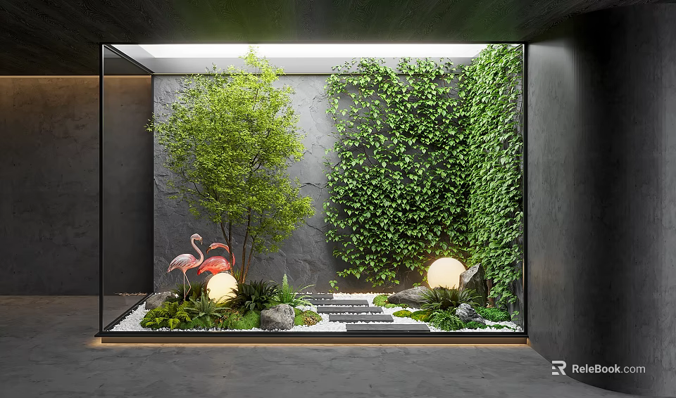 Indoor Landscape With Green Tree Ivy Covered Wall Flamingo Decorations Round Lights Stones And Moss 3d model 