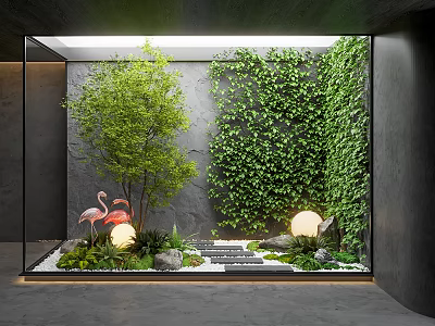 Indoor Landscape With Green Tree Ivy Covered Wall Flamingo Decorations Round Lights Stones And Moss 3d model