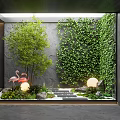 Indoor Landscape With Green Tree Ivy Covered Wall Flamingo Decorations Round Lights Stones And Moss