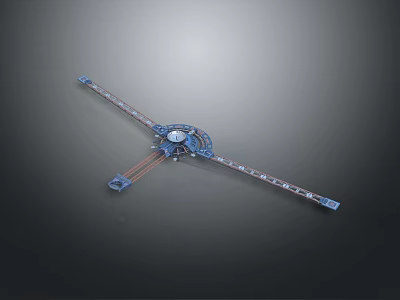 Modern Architectural Structure with Blue Metal Frame and Multiple Extended Mechanical Arms 3d model