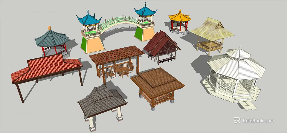 Diverse Traditional Chinese Pavilions And Bridge Architectural Models With Various Roof Styles 3d model 