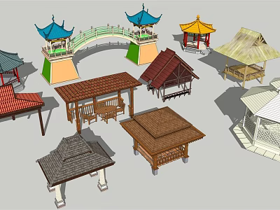 Diverse Traditional Chinese Pavilions And Bridge Architectural Models With Various Roof Styles 3d model