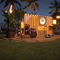 Outdoor Stage at Night with Illuminated Wooden Structure and Green Plants for Live Performance