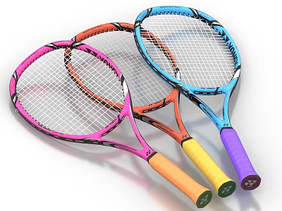 Colorful Tennis Rackets With Pink Orange Blue Frames And Comfortable Grips 3d model