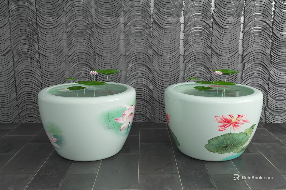 Light Green Ceramic Vessels Featuring Lotus Flower Leaf Patterns And Water Fountain For Home Decor 3d model 