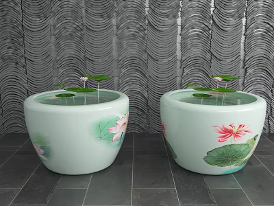 Light Green Ceramic Vessels Featuring Lotus Flower Leaf Patterns And Water Fountain For Home Decor 3d model