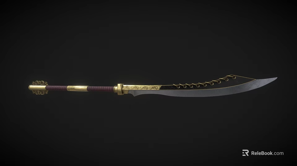 Traditional Ornate Blade With Golden Decorative Hilt Red Wrapped Handle and Carved Edge 3d model 