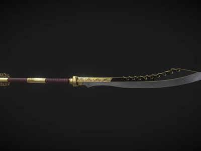 Traditional Ornate Blade With Golden Decorative Hilt Red Wrapped Handle and Carved Edge 3d model
