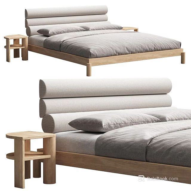 Modern Double Bed With Wooden Frame Gray Bedding And Side Nightstand 3d model