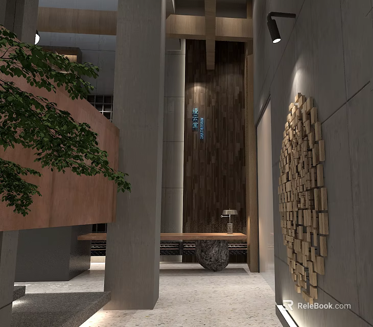 Modern Hotel Lobby Interior With Wooden Wall Green Plants Front Desk And Decorative Art 3d model 