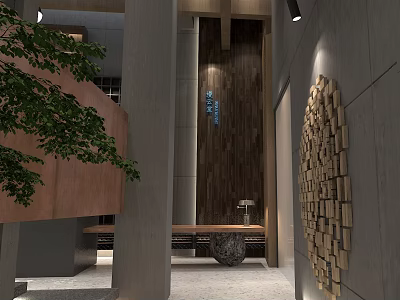Modern Hotel Lobby Interior With Wooden Wall Green Plants Front Desk And Decorative Art 3d model